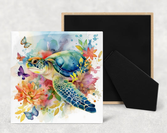Watercolor Sea Turtle Art Decorative Ceramic Tile with Optional Easel Back - Available in 3 Sizes