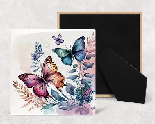 Watercolor Butterflies Art Decorative Ceramic Tile with Optional Easel Back - Available in 3 Sizes