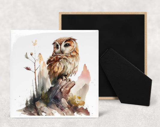 Watercolor Owl Art Decorative Ceramic Tile with Optional Easel Back - Available in 3 Sizes