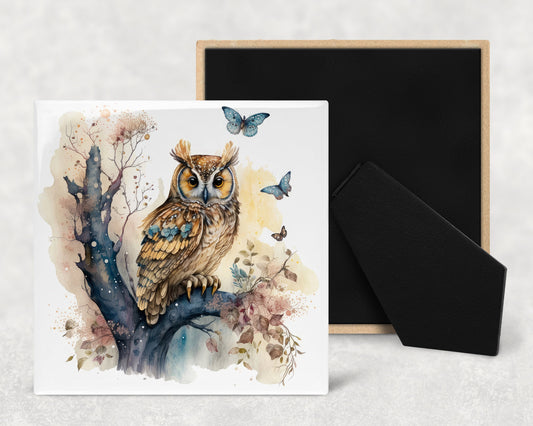 Watercolor Owl Art Decorative Ceramic Tile with Optional Easel Back - Available in 3 Sizes