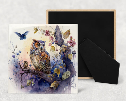 Watercolor Owl Art Decorative Ceramic Tile with Optional Easel Back - Available in 3 Sizes
