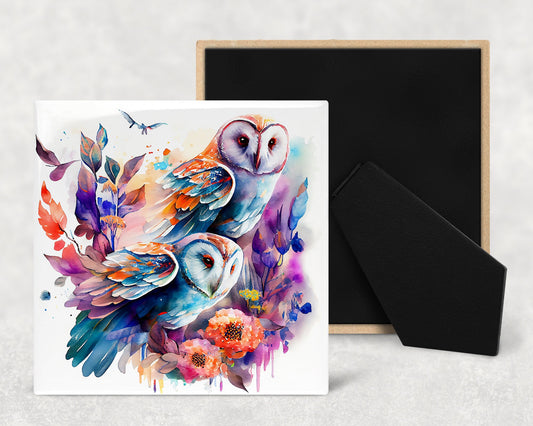 Watercolor Abstract Owl Art Decorative Ceramic Tile with Optional Easel Back - Available in 3 Sizes