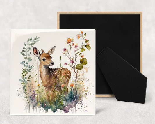 Watercolor Fawn Art Decorative Ceramic Tile with Optional Easel Back - Available in 3 Sizes