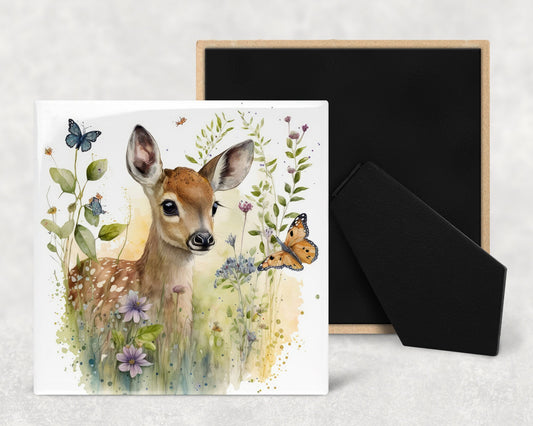 Watercolor Fawn Art Decorative Ceramic Tile with Optional Easel Back - Available in 3 Sizes