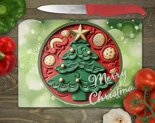 Carved 3D Look Christmas Tree Art Glass Cutting Board