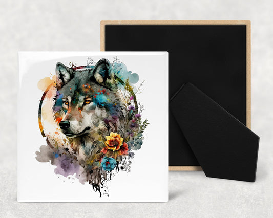 Watercolor Wolf Art Decorative Ceramic Tile with Optional Easel Back - Available in 3 Sizes