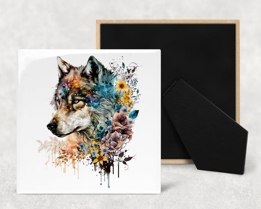 Watercolor Wolf Art Decorative Ceramic Tile with Optional Easel Back - Available in 3 Sizes