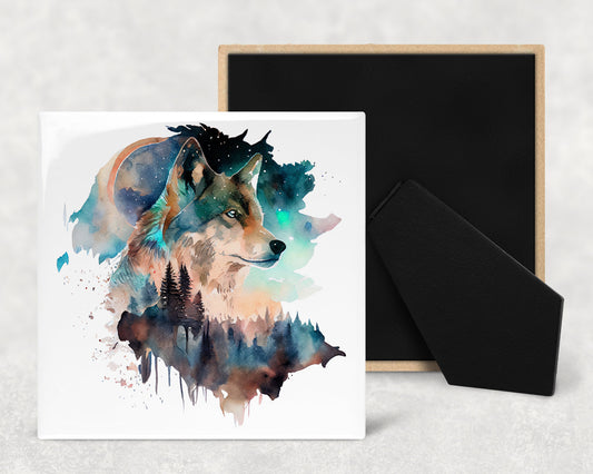 Watercolor Wolf Art Decorative Ceramic Tile with Optional Easel Back - Available in 3 Sizes