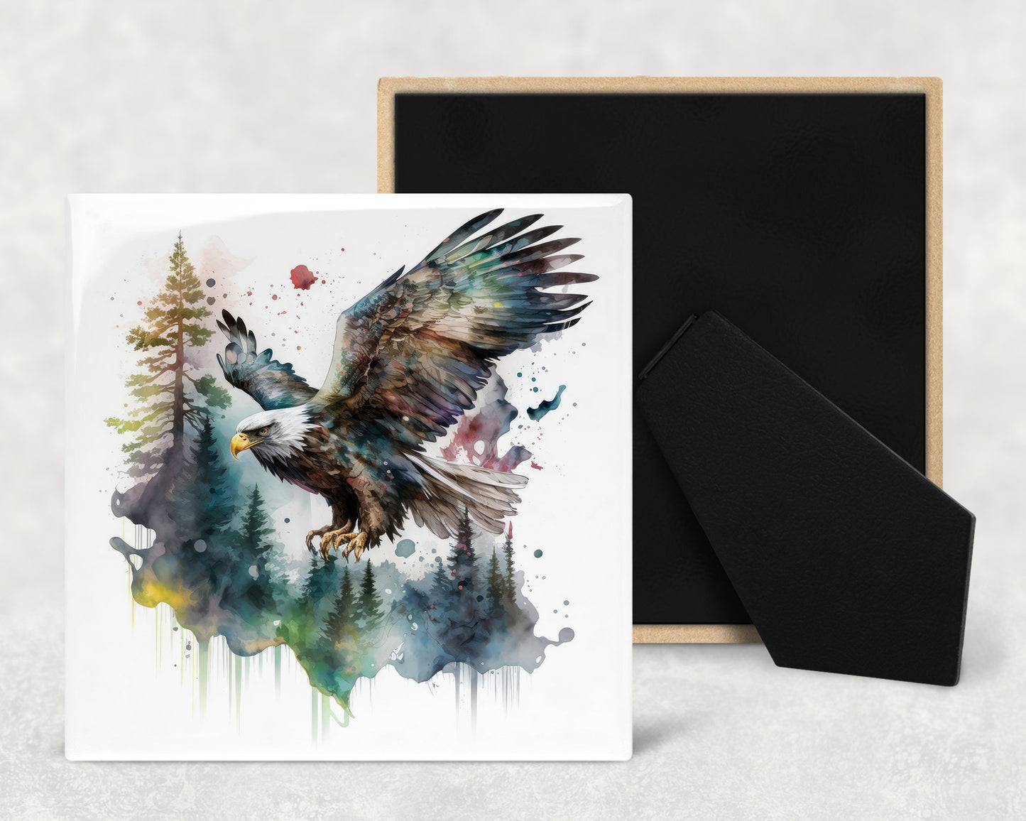 Watercolor Bald Eagle Art Decorative Ceramic Tile with Optional Easel Back - Available in 3 Sizes