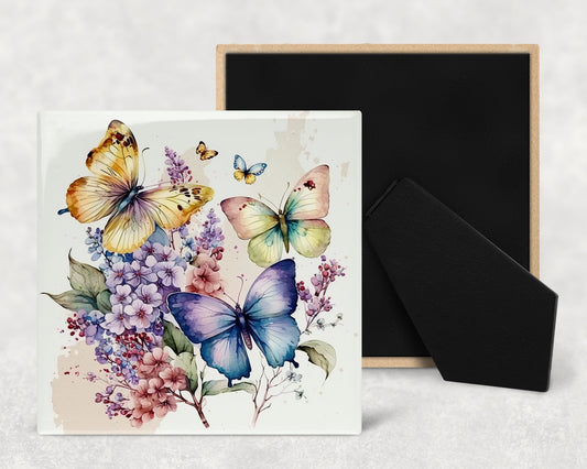 Watercolor Butterflies Art Decorative Ceramic Tile with Optional Easel Back - Available in 3 Sizes