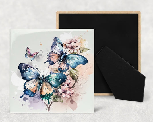 Watercolor Butterflies Art Decorative Ceramic Tile with Optional Easel Back - Available in 3 Sizes