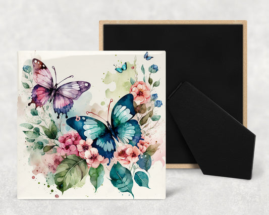 Watercolor Butterflies Art Decorative Ceramic Tile with Optional Easel Back - Available in 3 Sizes