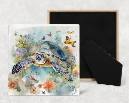 Watercolor Sea Turtle Art Decorative Ceramic Tile with Optional Easel Back - Available in 3 Sizes