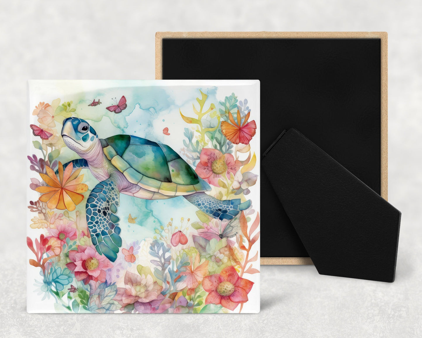Watercolor Sea Turtle Art Decorative Ceramic Tile with Optional Easel Back - Available in 3 Sizes