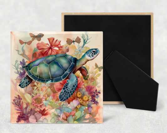 Watercolor Sea Turtle Art Decorative Ceramic Tile with Optional Easel Back - Available in 3 Sizes