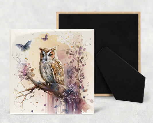 Watercolor Owl Art Decorative Ceramic Tile with Optional Easel Back - Available in 3 Sizes