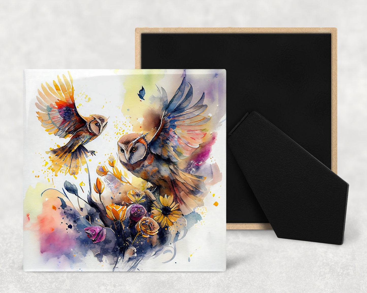 Watercolor Abstract Owl Art Decorative Ceramic Tile with Optional Easel Back - Available in 3 Sizes