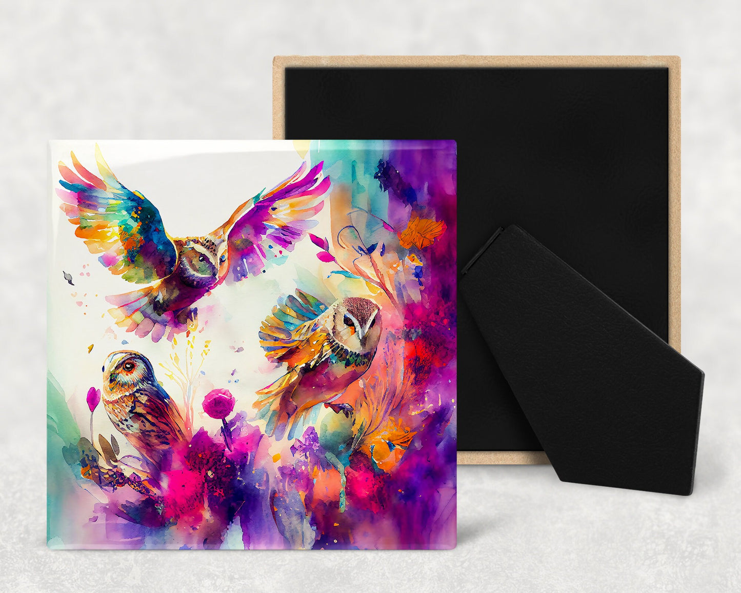 Watercolor Abstract Owl Art Decorative Ceramic Tile with Optional Easel Back - Available in 3 Sizes