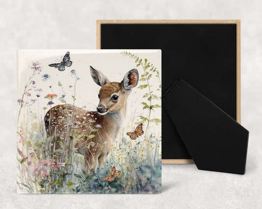 Watercolor Fawn Art Decorative Ceramic Tile with Optional Easel Back - Available in 3 Sizes