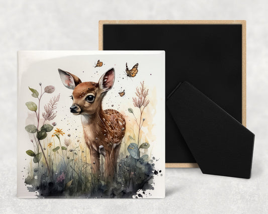 Watercolor Fawn Art Decorative Ceramic Tile with Optional Easel Back - Available in 3 Sizes