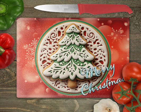 Carved 3D Look Christmas Tree Art Glass Cutting Board