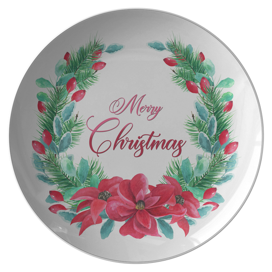 Merry Christmas Poinsettia Wreath Decorative Plate