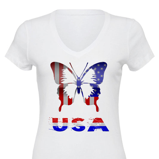 USA American Flag Butterfly Premium Womens V-Neck T-shirt - Schoppix Gifts