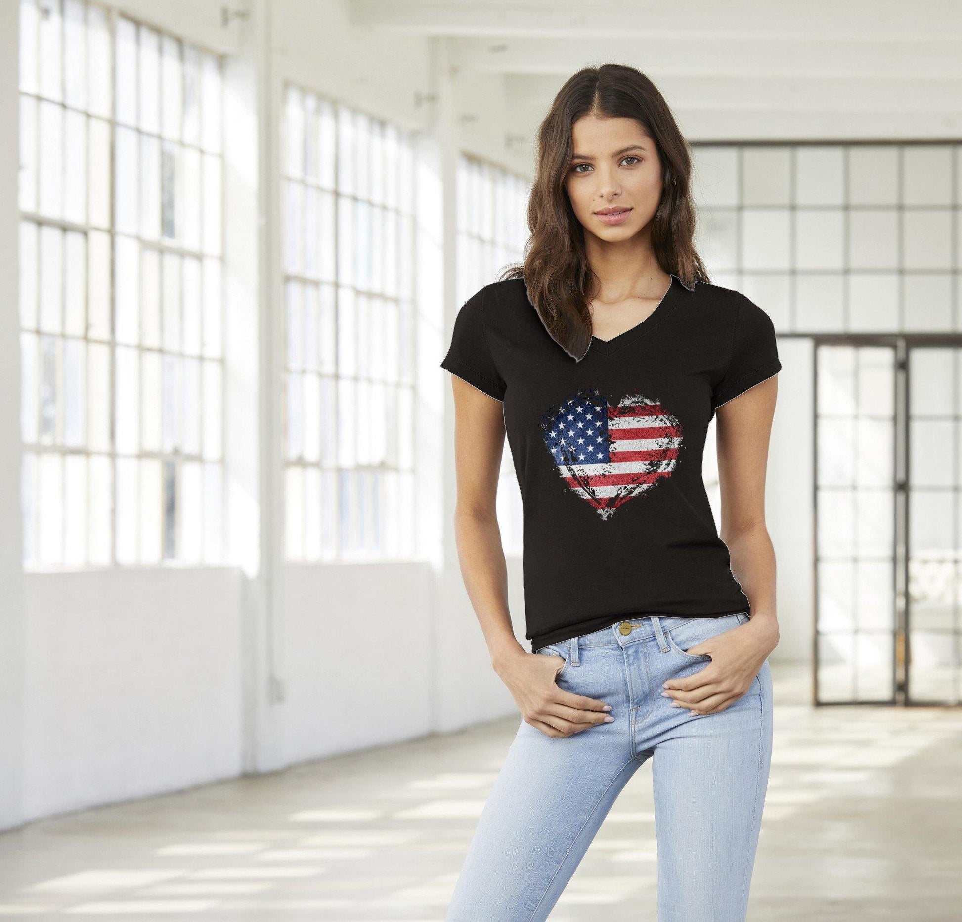 USA Flag Splatter Heart Premium Womens V-Neck T-shirt - Schoppix Gifts