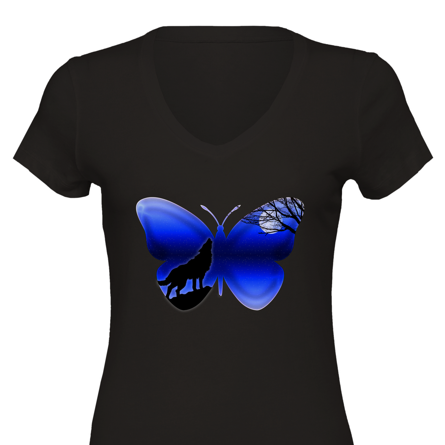 Butterfly Wolf Silhouette Premium Womens V-Neck T-shirt - Schoppix Gifts
